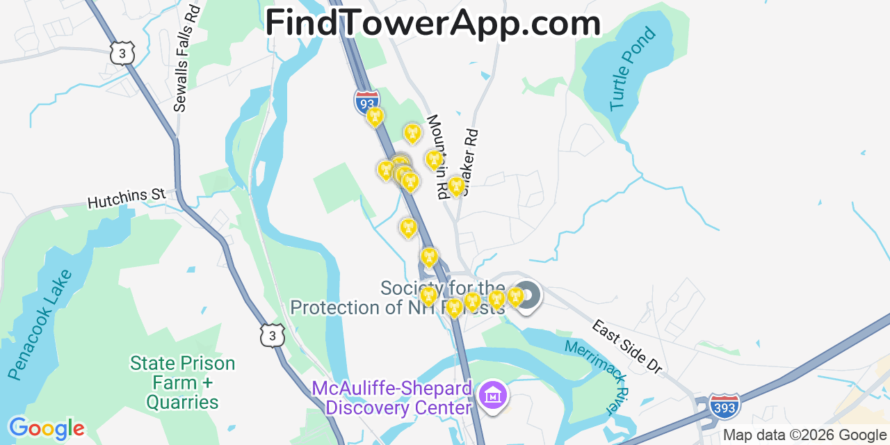 Map showing the 20 primary cell tower locations detected in East Concord, New Hampshire from AT&T, Verizon, and T-Mobile networks