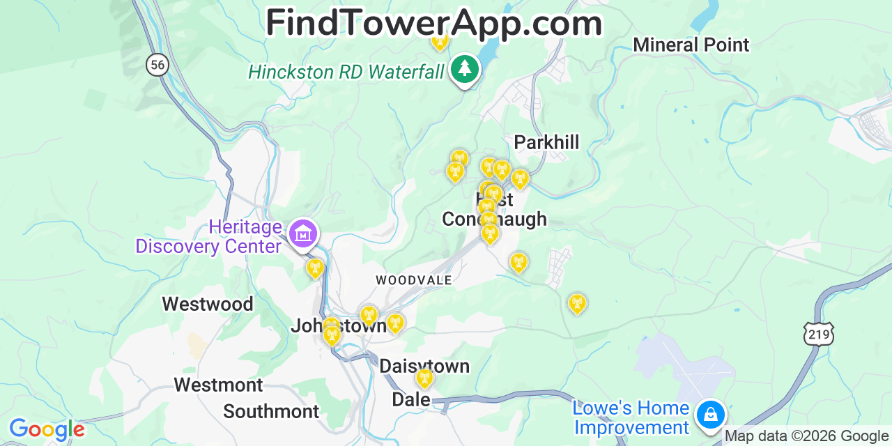 Map showing the 20 primary cell tower locations detected in East Conemaugh, Pennsylvania from AT&T, Verizon, and T-Mobile networks