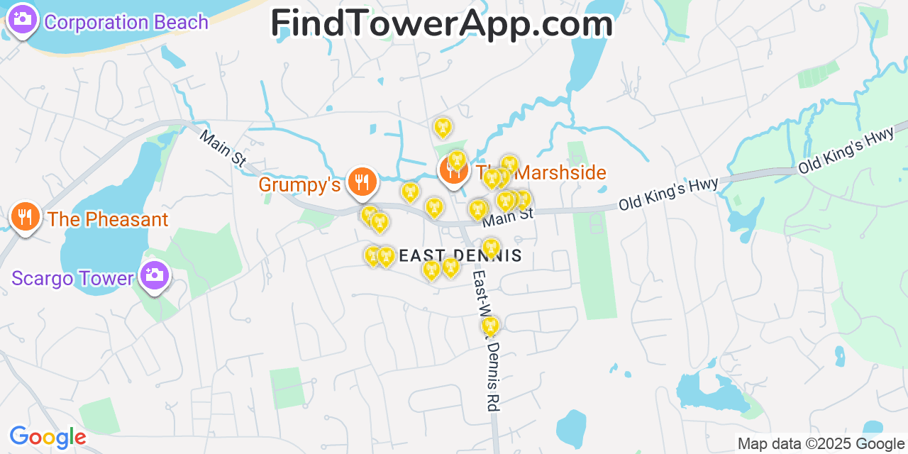 Map showing the 20 primary cell tower locations detected in East Dennis, Massachusetts from AT&T, Verizon, and T-Mobile networks