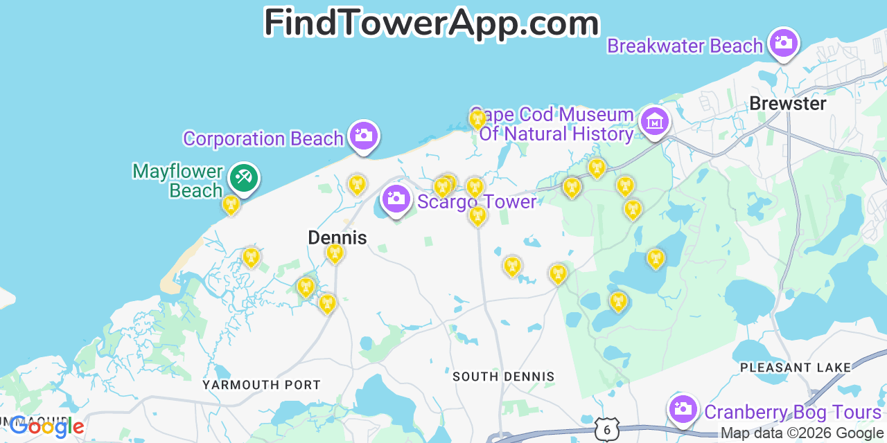 Map showing the 20 primary cell tower locations detected in East Dennis, Massachusetts from AT&T, Verizon, and T-Mobile networks