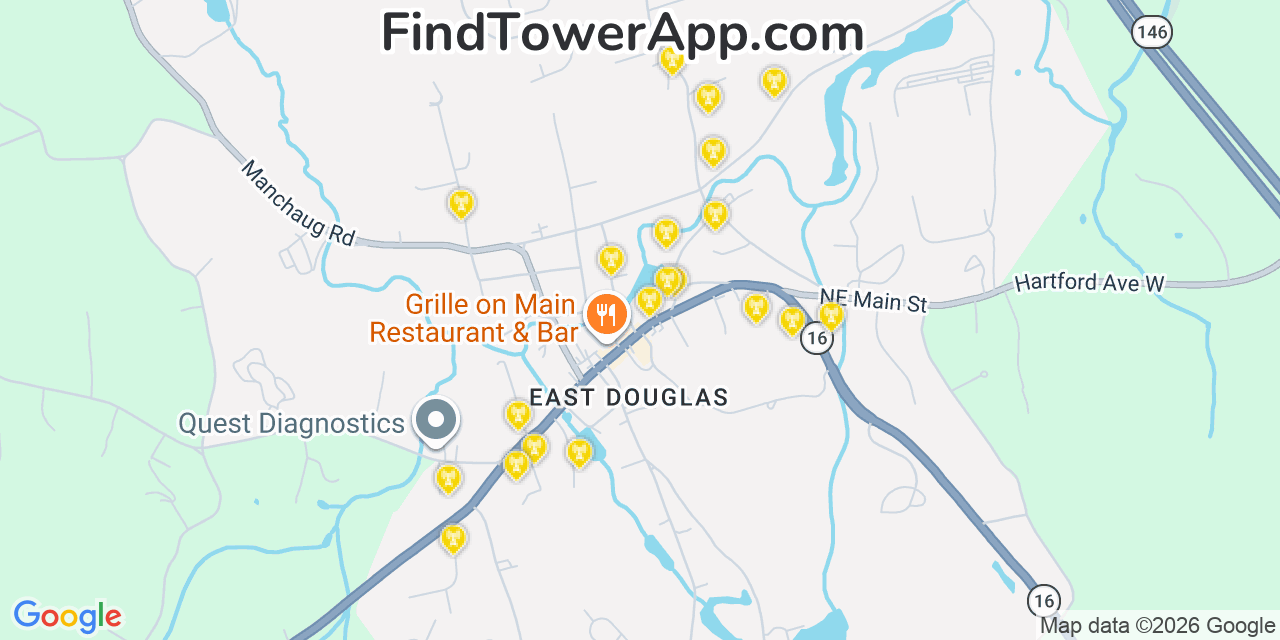Map showing the 20 primary cell tower locations detected in East Douglas, Massachusetts from AT&T, Verizon, and T-Mobile networks