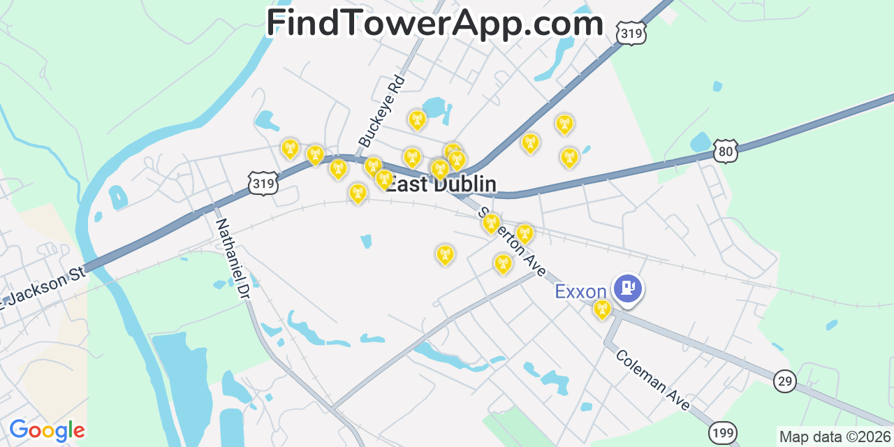 Map showing the 20 primary cell tower locations detected in East Dublin, Georgia from AT&T, Verizon, and T-Mobile networks