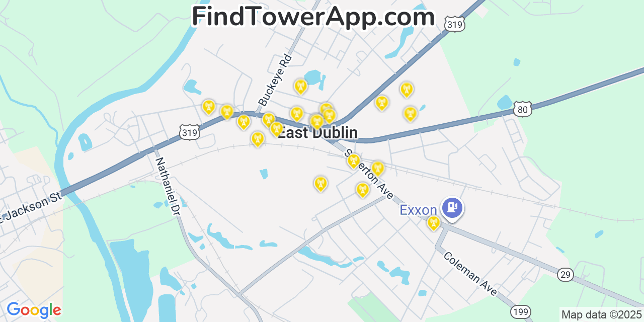 Map showing the 20 primary Mobitel cell tower locations detected in East Dublin, Georgia with coverage radius and signal strength indicators