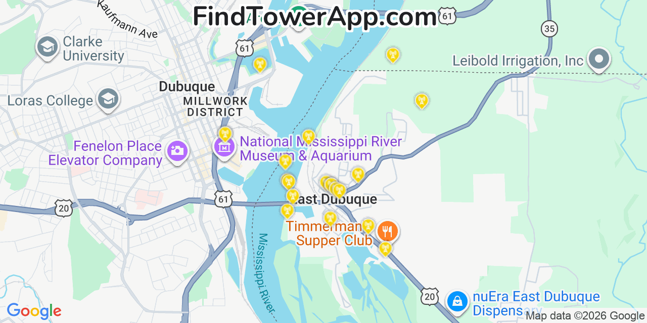 Map showing the 20 primary cell tower locations detected in East Dubuque, Illinois from AT&T, Verizon, and T-Mobile networks