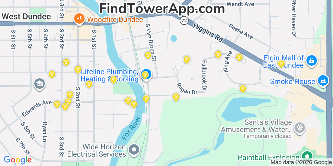 Map showing the 20 primary cell tower locations detected in East Dundee, Illinois from AT&T, Verizon, and T-Mobile networks