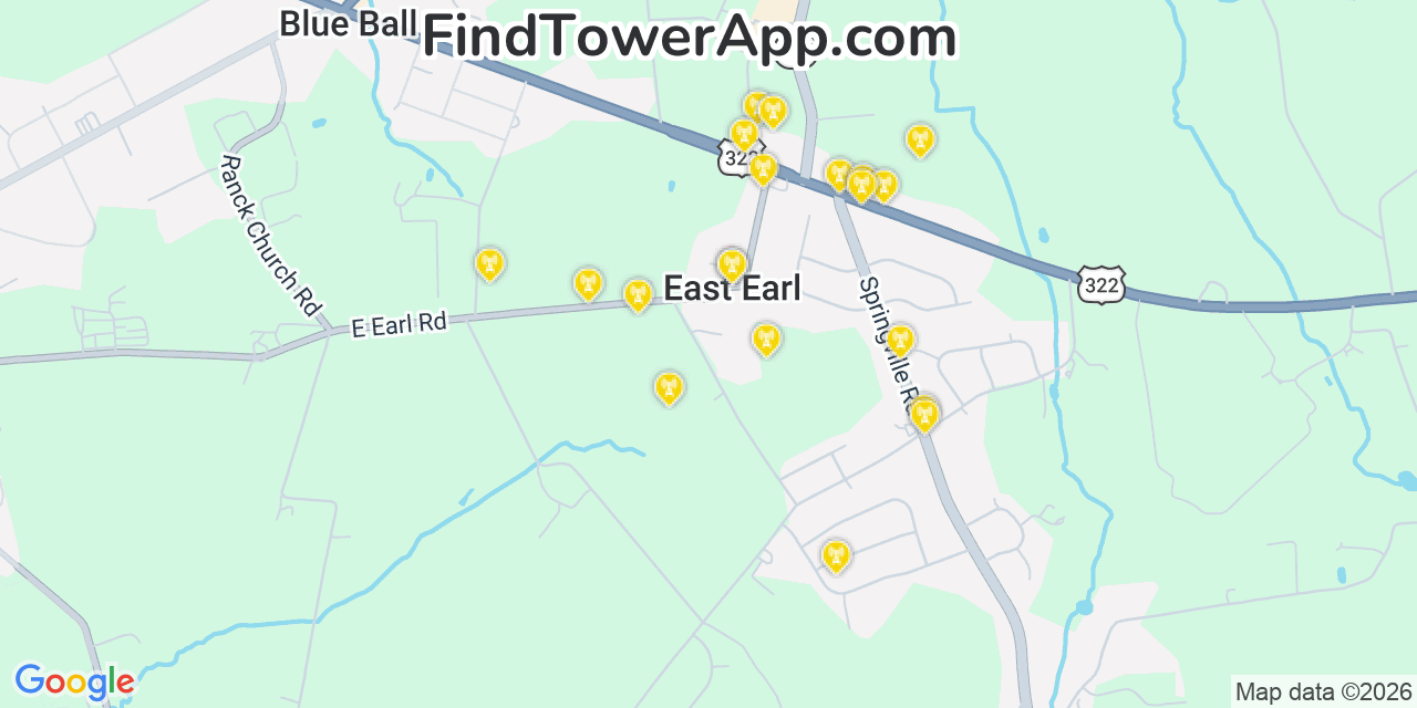 Map showing the 20 primary cell tower locations detected in East Earl, Pennsylvania from AT&T, Verizon, and T-Mobile networks