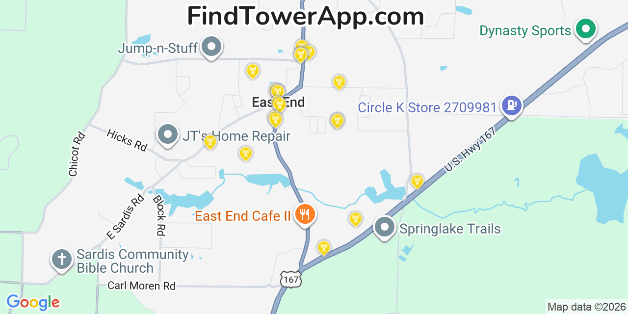 Map showing the 20 primary cell tower locations detected in East End, Arkansas from AT&T, Verizon, and T-Mobile networks
