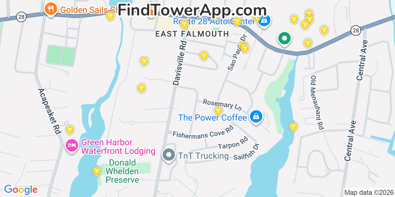 Map showing the 20 primary cell tower locations detected in East Falmouth, Massachusetts from AT&T, Verizon, and T-Mobile networks