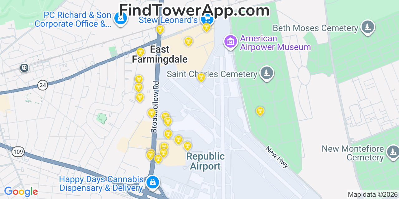 Map showing the 20 primary cell tower locations detected in East Farmingdale, New York from AT&T, Verizon, and T-Mobile networks