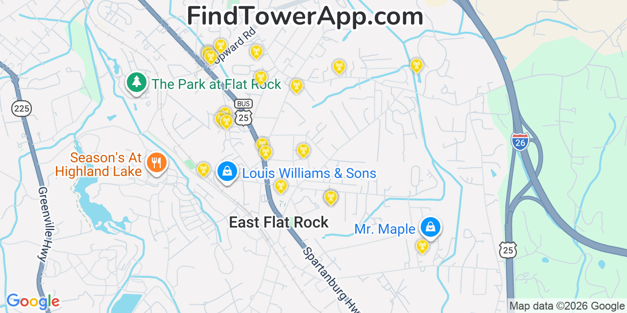 Map showing the 20 primary cell tower locations detected in East Flat Rock, North Carolina from AT&T, Verizon, and T-Mobile networks