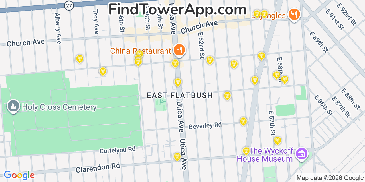 Map showing the 20 primary cell tower locations detected in East Flatbush, New York from AT&T, Verizon, and T-Mobile networks