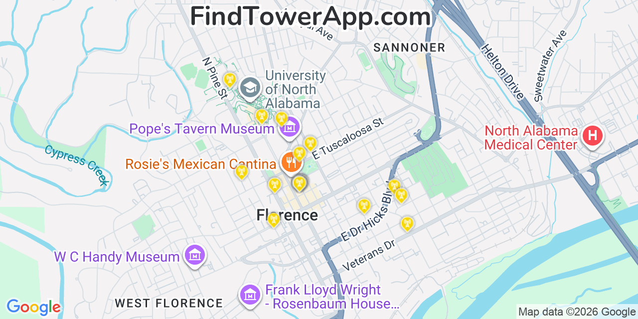 Map showing the 20 primary cell tower locations detected in East Florence, Alabama from AT&T, Verizon, and T-Mobile networks
