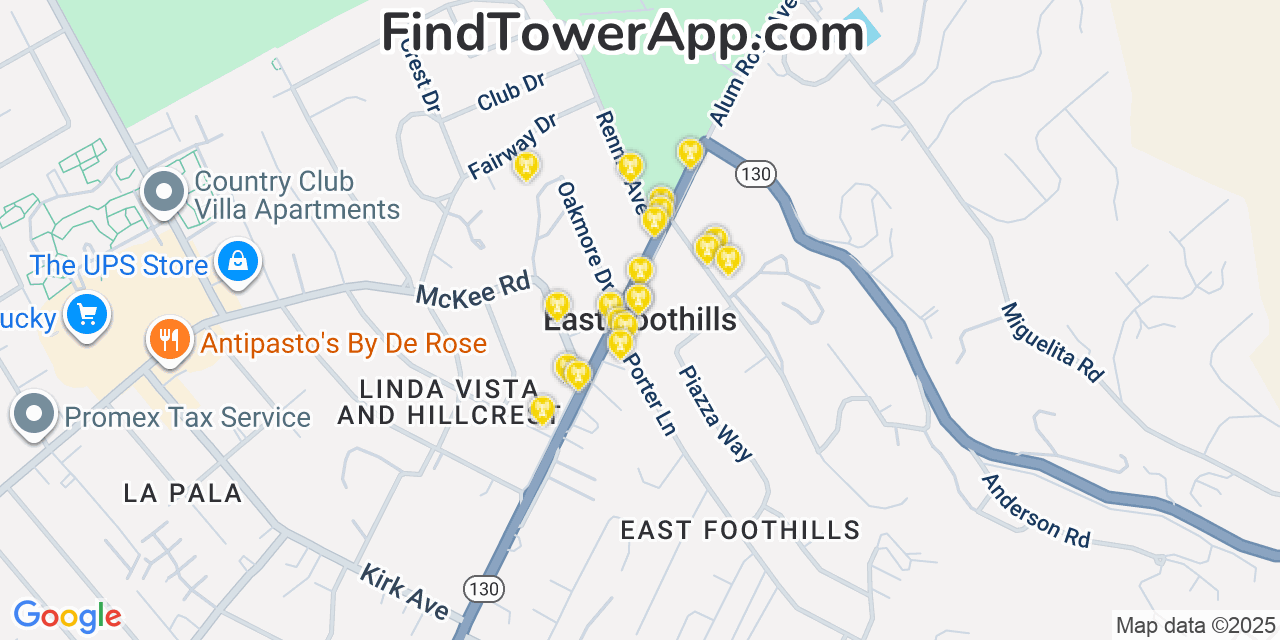Map showing the 20 primary cell tower locations detected in East Foothills, California from AT&T, Verizon, and T-Mobile networks