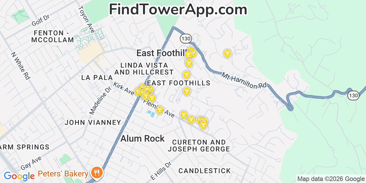 Map showing the 20 primary cell tower locations detected in East Foothills, California from AT&T, Verizon, and T-Mobile networks