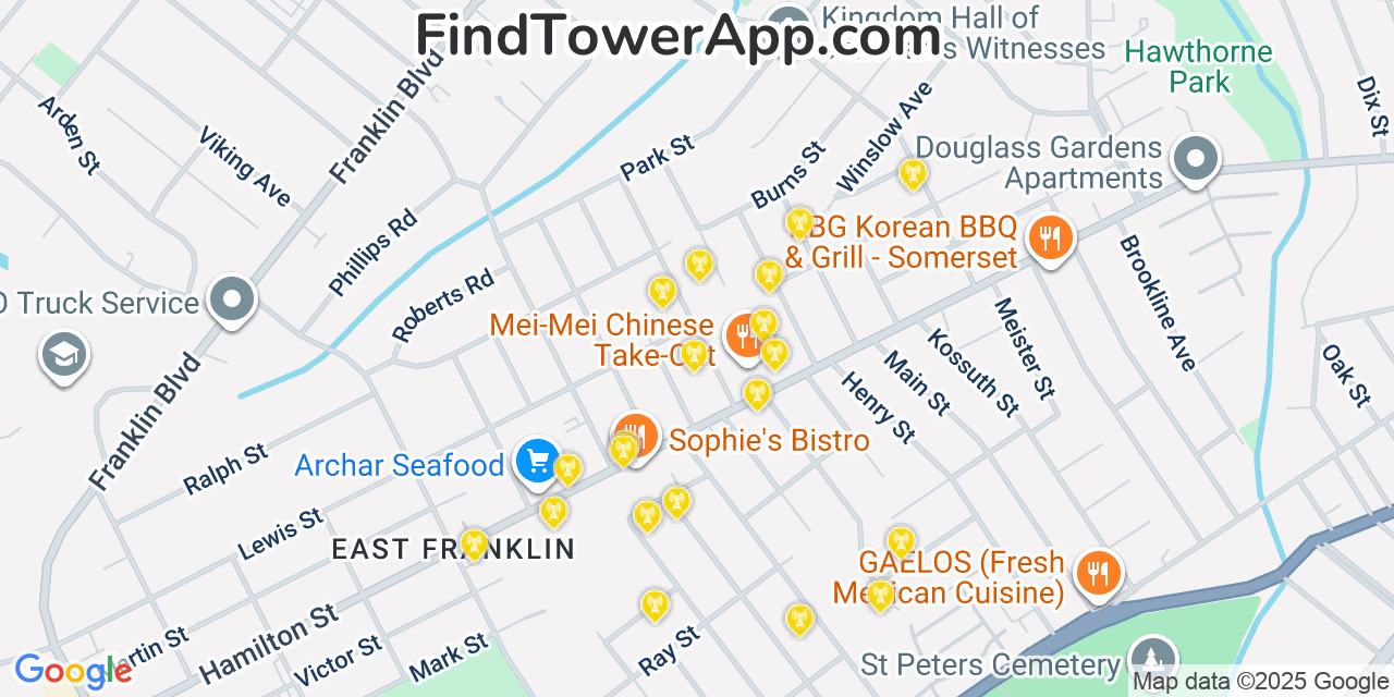 Map showing the 20 primary cell tower locations detected in East Franklin, New Jersey from AT&T, Verizon, and T-Mobile networks