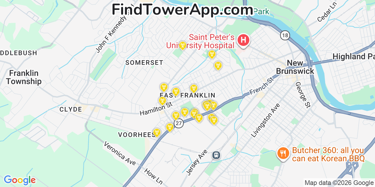 Map showing the 20 primary cell tower locations detected in East Franklin, New Jersey from AT&T, Verizon, and T-Mobile networks