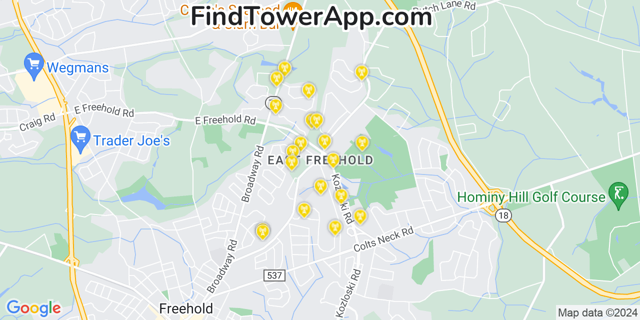 AT&T 4G/5G cell tower coverage map East Freehold, New Jersey