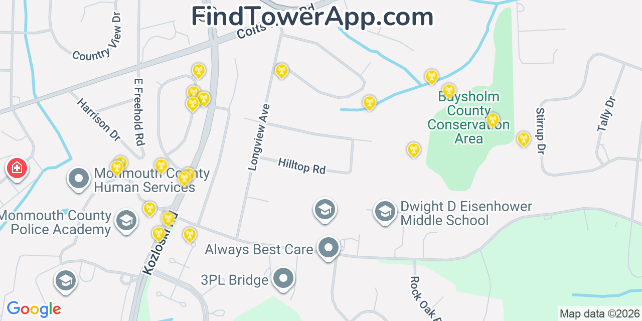 Map showing the 20 primary cell tower locations detected in East Freehold, New Jersey from AT&T, Verizon, and T-Mobile networks