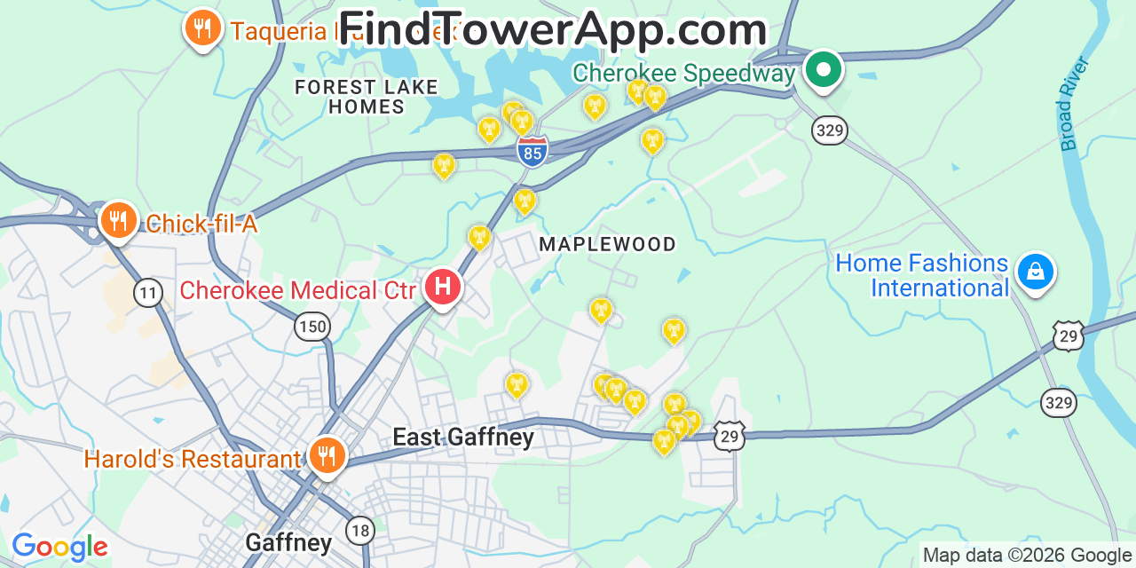 Map showing the 20 primary cell tower locations detected in East Gaffney, South Carolina from AT&T, Verizon, and T-Mobile networks