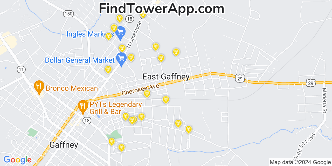 Verizon 4G/5G cell tower coverage map East Gaffney, South Carolina