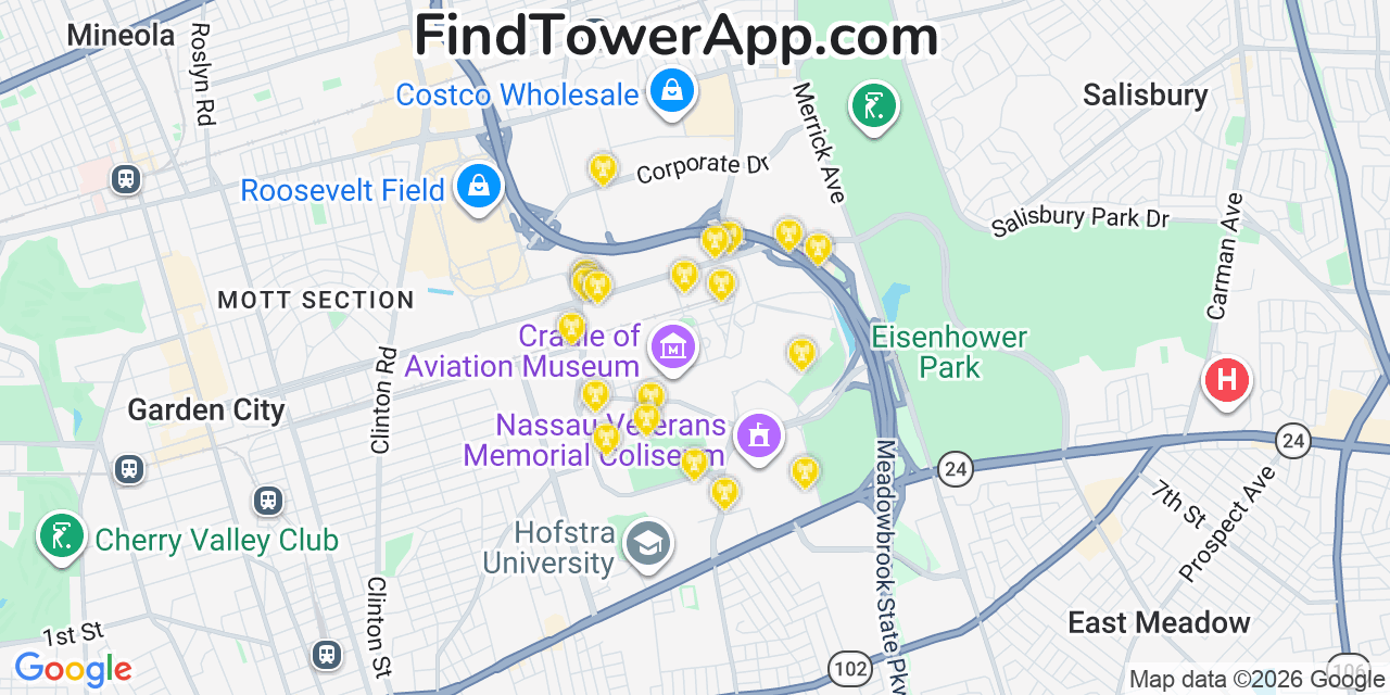 Map showing the 20 primary cell tower locations detected in East Garden City, New York from AT&T, Verizon, and T-Mobile networks
