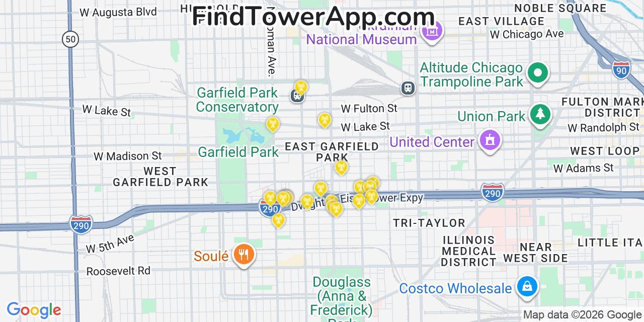 Map showing the 20 primary cell tower locations detected in East Garfield Park, Illinois from AT&T, Verizon, and T-Mobile networks