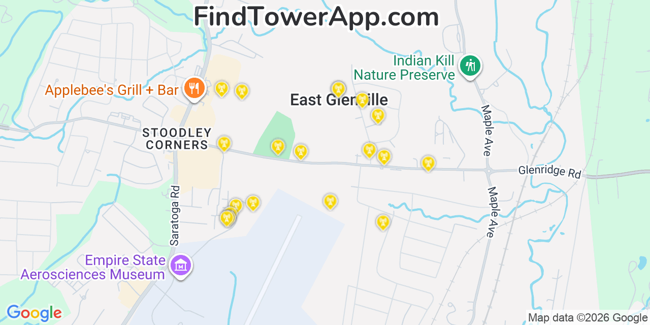 Map showing the 20 primary cell tower locations detected in East Glenville, New York from AT&T, Verizon, and T-Mobile networks