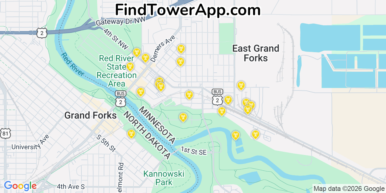 Map showing the 20 primary cell tower locations detected in East Grand Forks, Minnesota from AT&T, Verizon, and T-Mobile networks