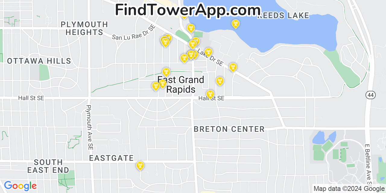 AT&T 4G/5G cell tower coverage map East Grand Rapids, Michigan