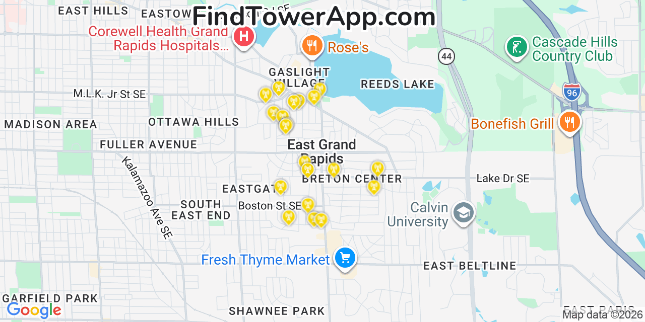 Map showing the 20 primary cell tower locations detected in East Grand Rapids, Michigan from AT&T, Verizon, and T-Mobile networks