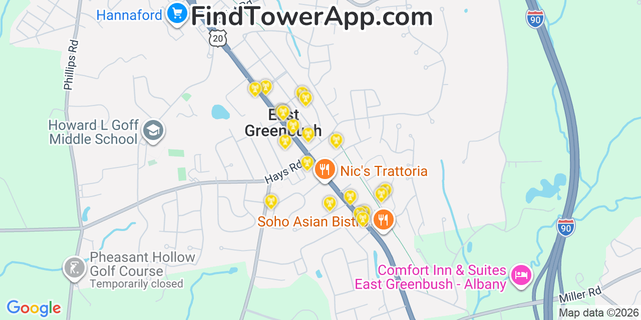 Map showing the 20 primary cell tower locations detected in East Greenbush, New York from AT&T, Verizon, and T-Mobile networks