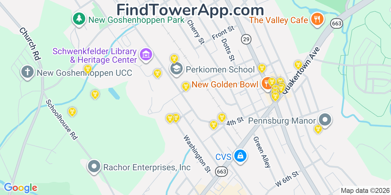 Map showing the 20 primary cell tower locations detected in East Greenville, Pennsylvania from AT&T, Verizon, and T-Mobile networks
