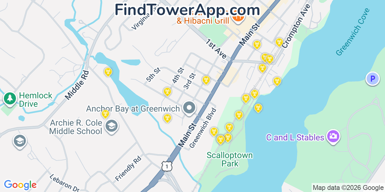 Map showing the 20 primary cell tower locations detected in East Greenwich, Rhode Island from AT&T, Verizon, and T-Mobile networks