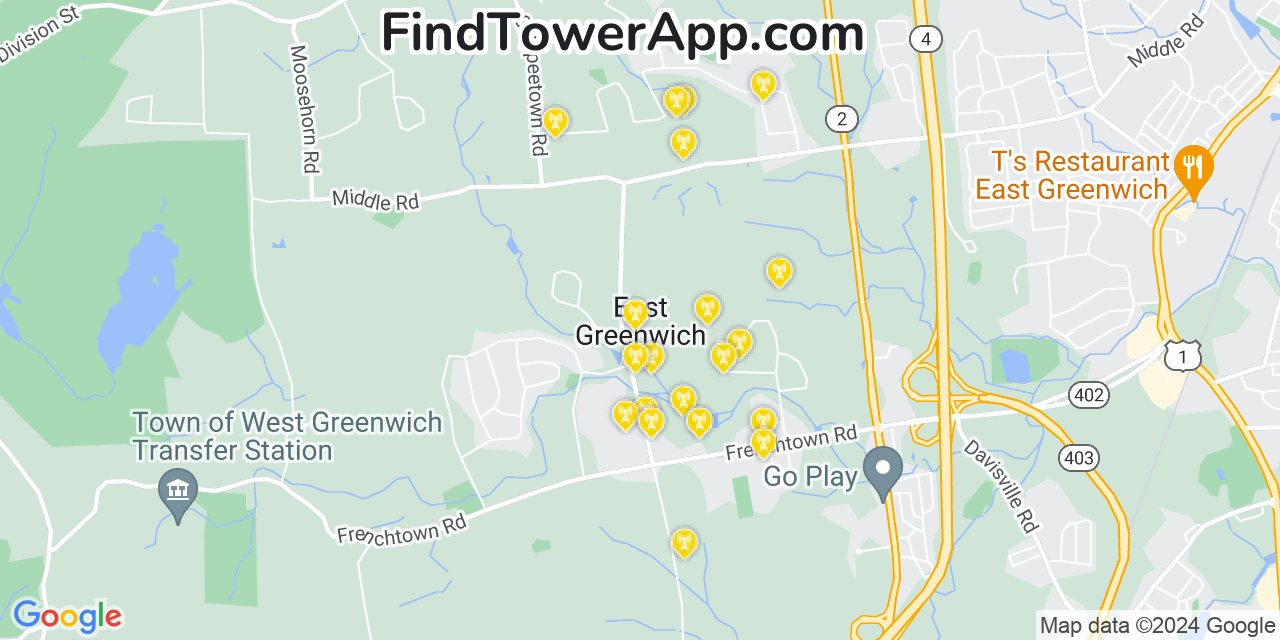 Verizon 4G/5G cell tower coverage map East Greenwich, Rhode Island