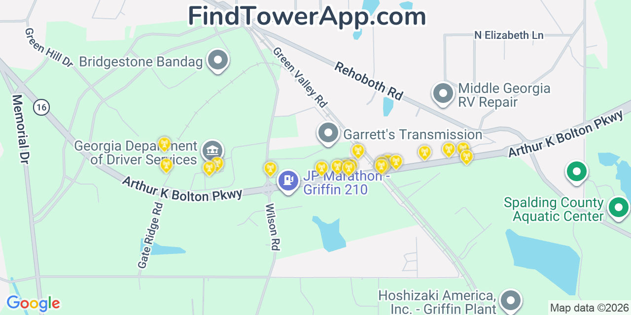 Map showing the 20 primary cell tower locations detected in East Griffin, Georgia from AT&T, Verizon, and T-Mobile networks