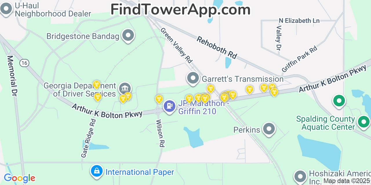 Map showing the 20 primary Mobitel cell tower locations detected in East Griffin, Georgia with coverage radius and signal strength indicators