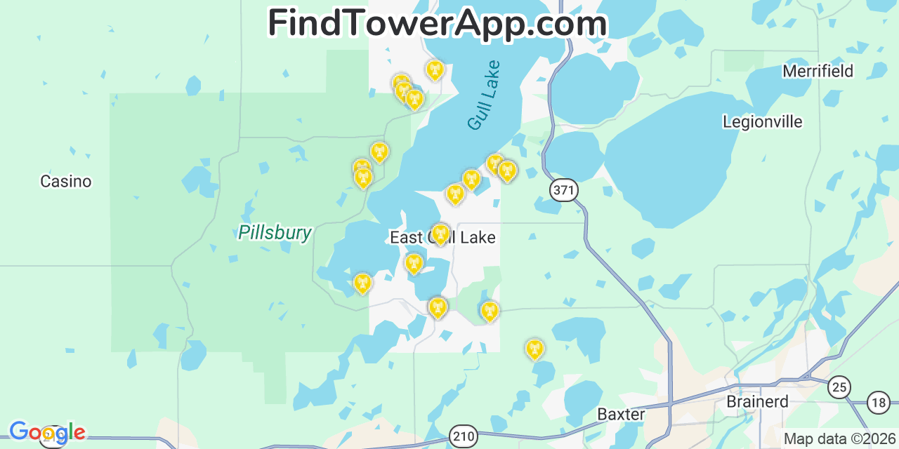 Map showing the 20 primary cell tower locations detected in East Gull Lake, Minnesota from AT&T, Verizon, and T-Mobile networks