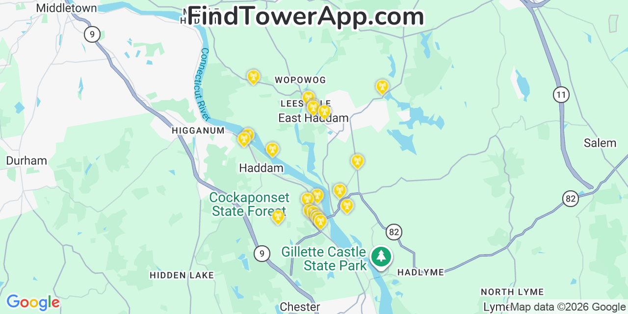 Map showing the 20 primary cell tower locations detected in East Haddam, Connecticut from AT&T, Verizon, and T-Mobile networks