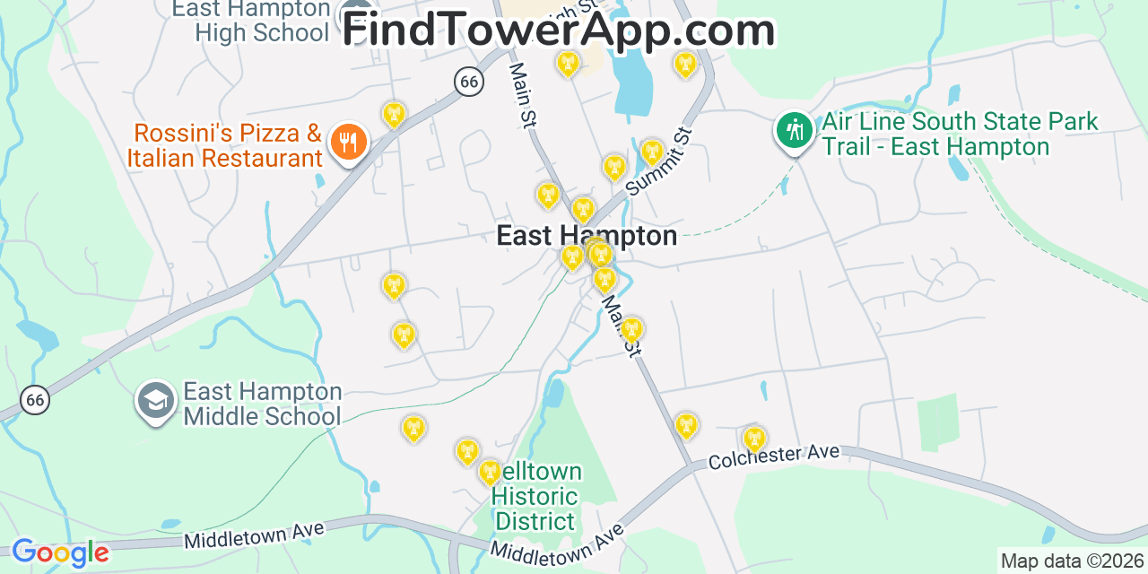 Map showing the 20 primary cell tower locations detected in East Hampton, Connecticut from AT&T, Verizon, and T-Mobile networks