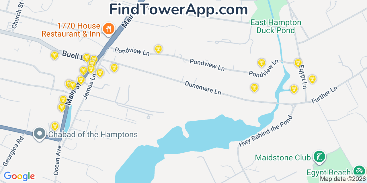 Map showing the 20 primary cell tower locations detected in East Hampton, New York from AT&T, Verizon, and T-Mobile networks