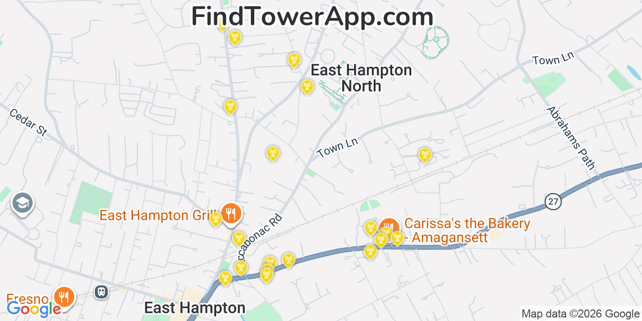 Map showing the 20 primary cell tower locations detected in East Hampton North, New York from AT&T, Verizon, and T-Mobile networks
