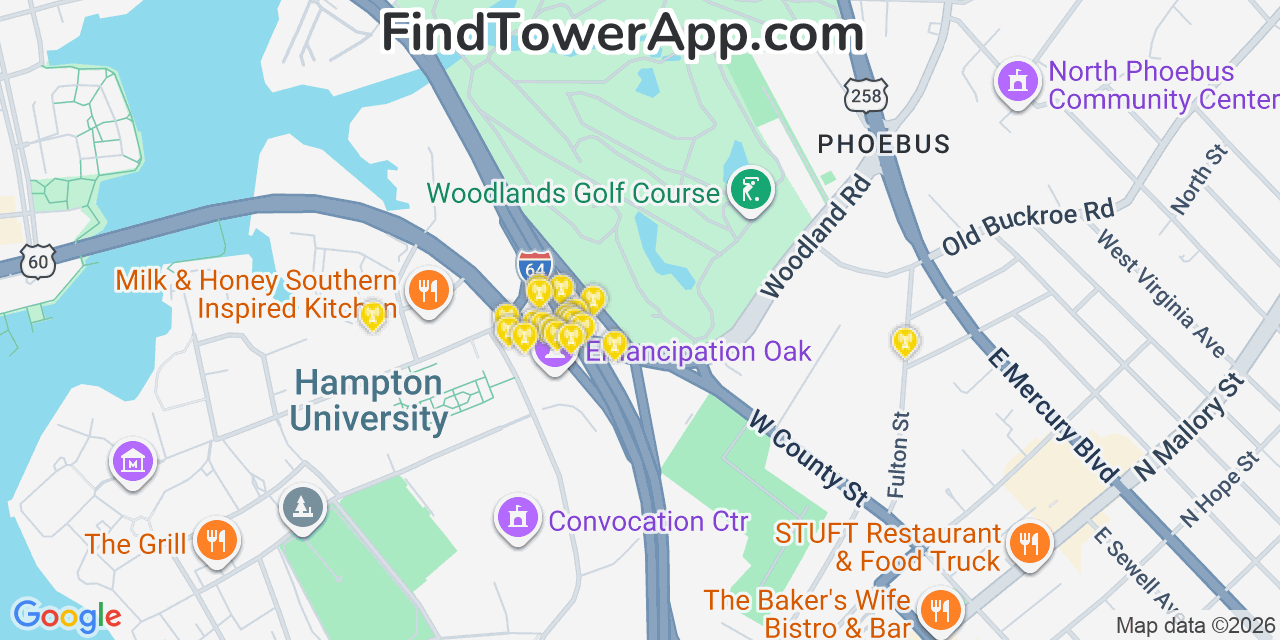 Map showing the 20 primary cell tower locations detected in East Hampton, Virginia from AT&T, Verizon, and T-Mobile networks