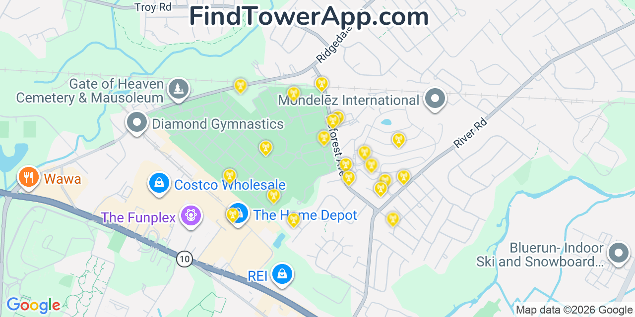 Map showing the 20 primary cell tower locations detected in East Hanover, New Jersey from AT&T, Verizon, and T-Mobile networks