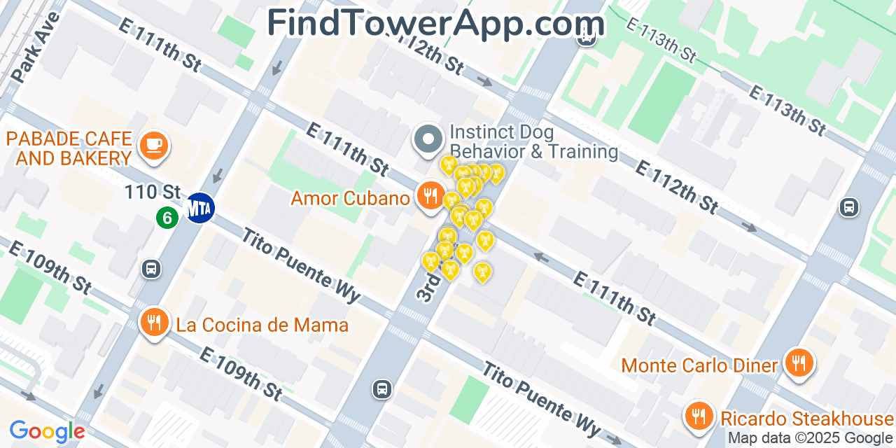 Map showing the 20 primary cell tower locations detected in East Harlem, New York from AT&T, Verizon, and T-Mobile networks