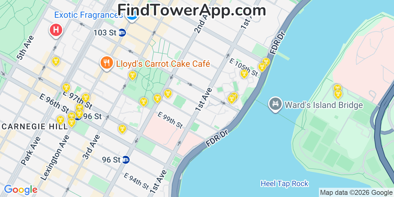 Map showing the 20 primary cell tower locations detected in East Harlem, New York from AT&T, Verizon, and T-Mobile networks