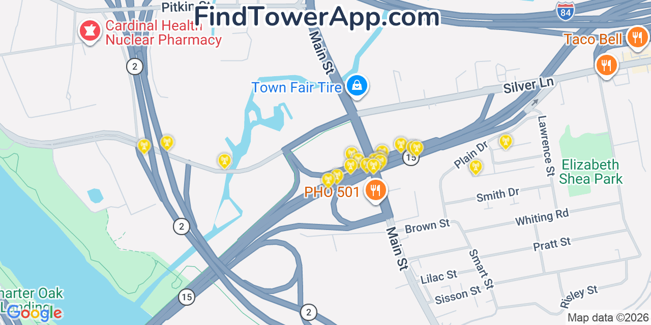 Map showing the 20 primary cell tower locations detected in East Hartford, Connecticut from AT&T, Verizon, and T-Mobile networks