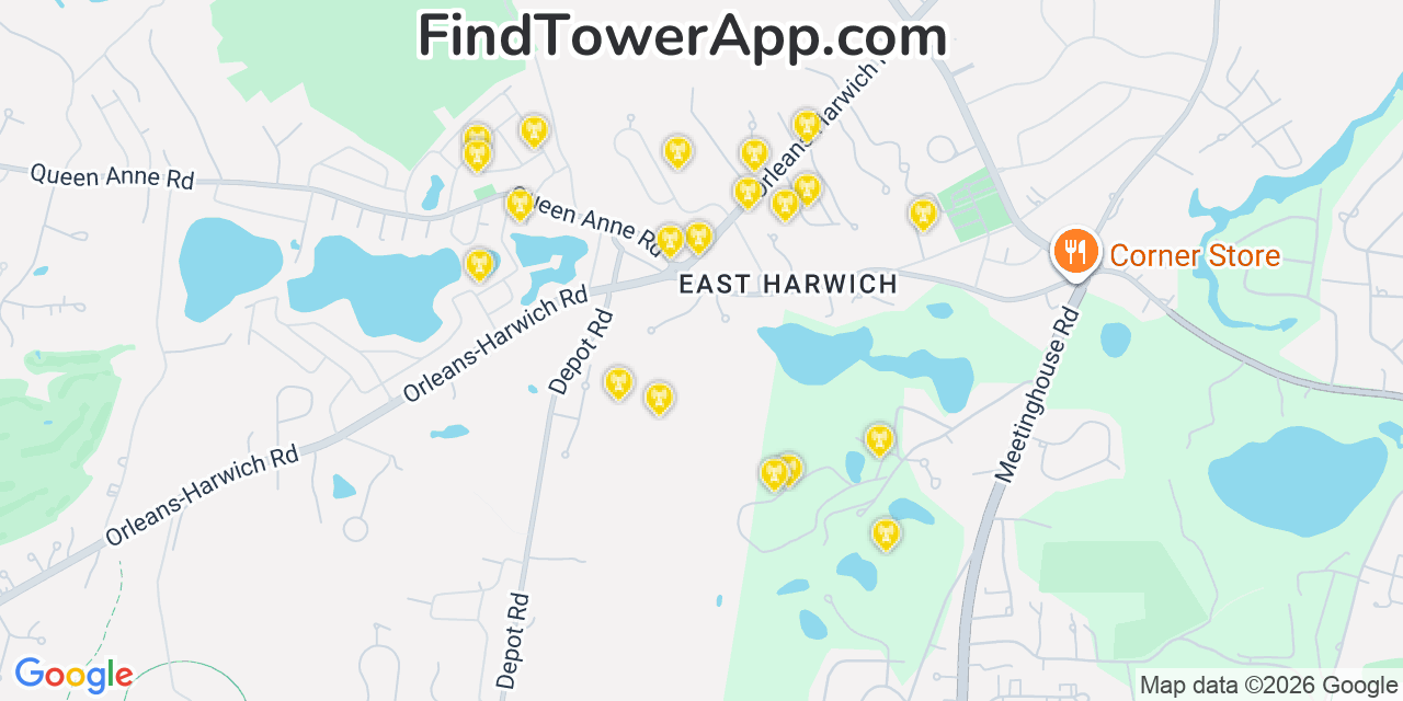 Map showing the 20 primary cell tower locations detected in East Harwich, Massachusetts from AT&T, Verizon, and T-Mobile networks