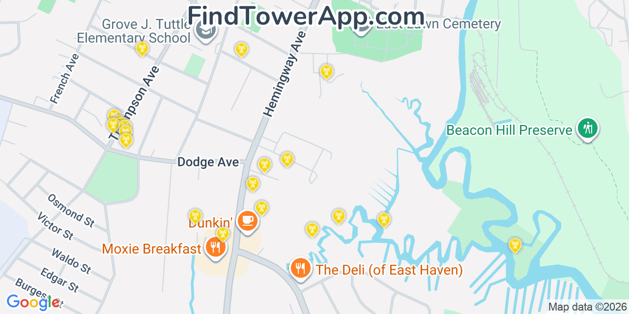 Map showing the 20 primary cell tower locations detected in East Haven, Connecticut from AT&T, Verizon, and T-Mobile networks