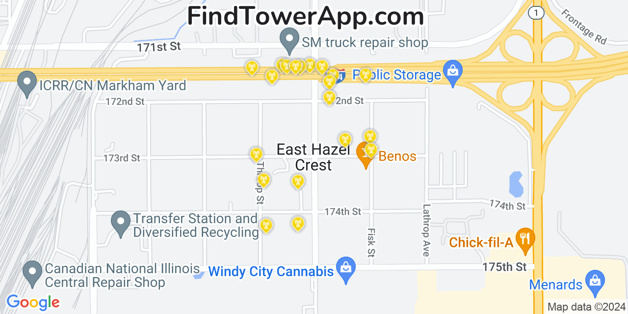 AT&T 4G/5G cell tower coverage map East Hazel Crest, Illinois