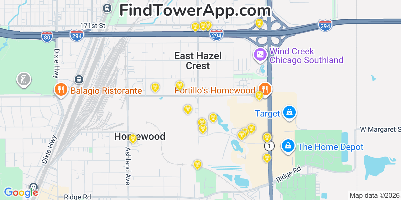 Map showing the 20 primary cell tower locations detected in East Hazel Crest, Illinois from AT&T, Verizon, and T-Mobile networks